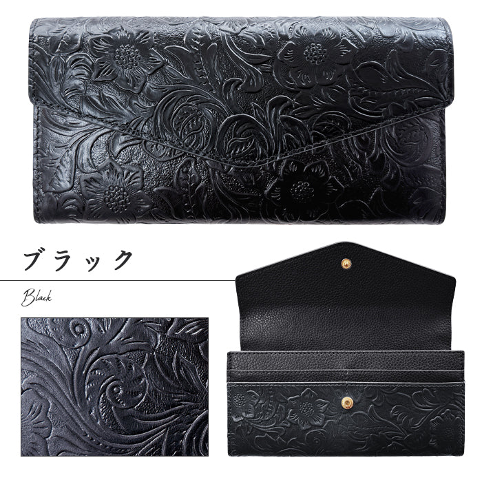 【Leo&Aoi公式ショップ】 本革 フラップ付き長財布 花型押し レディース 小銭入れ 三つ折り長財布 カード収納 コインケース サイフ さいふ ウォレット 革 レザー 花柄 WL-D3-09【安心の返品保証付き】