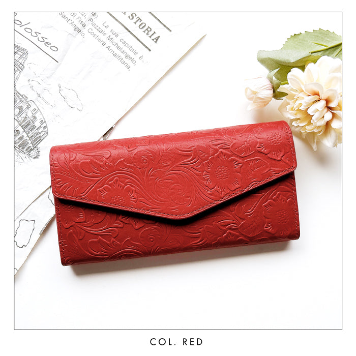 【Leo&Aoi公式ショップ】 本革 フラップ付き長財布 花型押し レディース 小銭入れ 三つ折り長財布 カード収納 コインケース サイフ さいふ ウォレット 革 レザー 花柄 WL-D3-09【安心の返品保証付き】