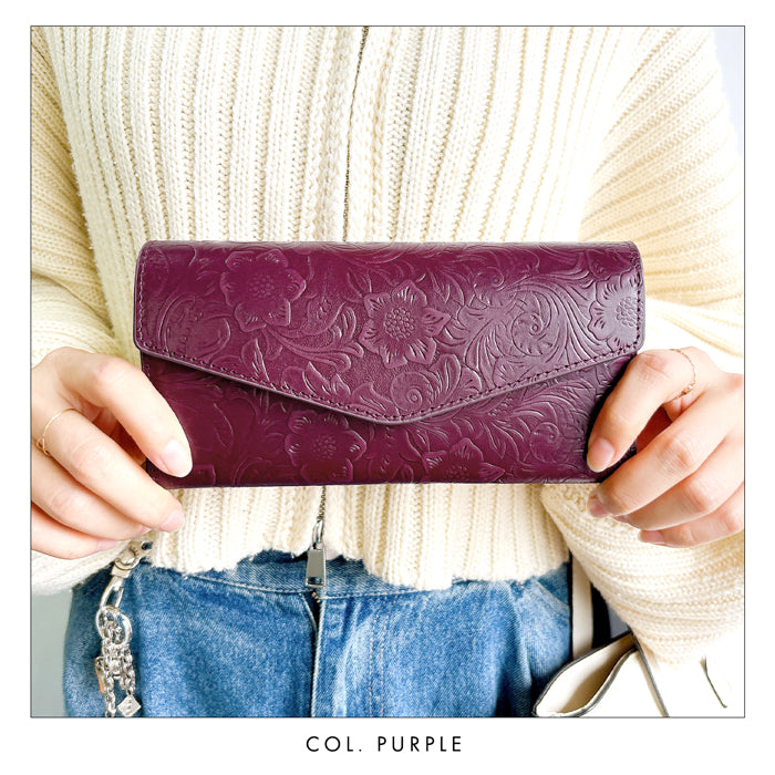 【Leo&Aoi公式ショップ】 本革 フラップ付き長財布 花型押し レディース 小銭入れ 三つ折り長財布 カード収納 コインケース サイフ さいふ ウォレット 革 レザー 花柄 WL-D3-09【安心の返品保証付き】