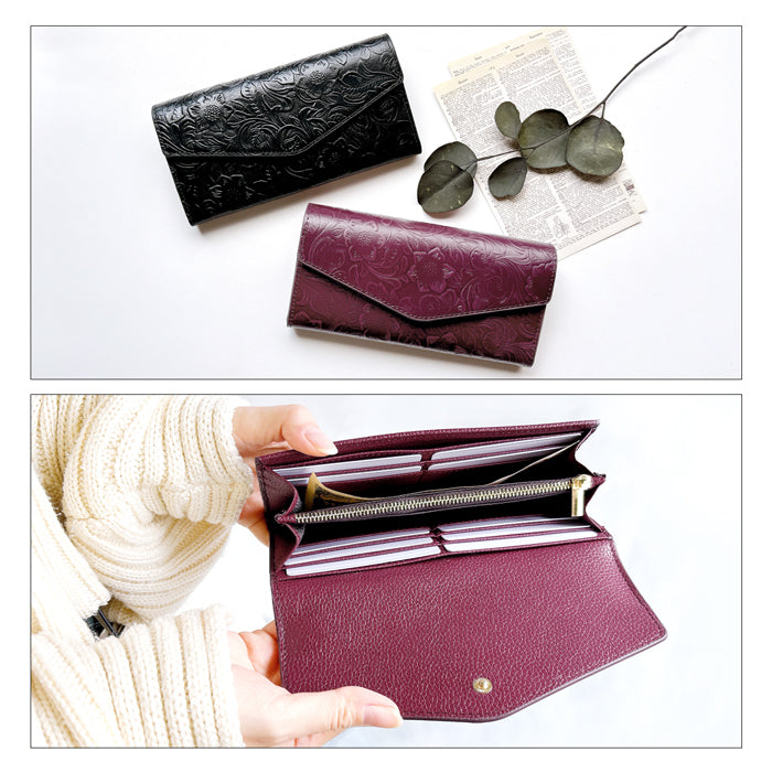 【Leo&Aoi公式ショップ】 本革 フラップ付き長財布 花型押し レディース 小銭入れ 三つ折り長財布 カード収納 コインケース サイフ さいふ ウォレット 革 レザー 花柄 WL-D3-09【安心の返品保証付き】