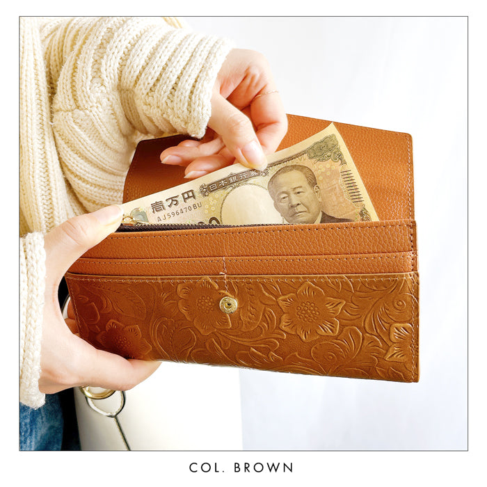 【Leo&Aoi公式ショップ】 本革 フラップ付き長財布 花型押し レディース 小銭入れ 三つ折り長財布 カード収納 コインケース サイフ さいふ ウォレット 革 レザー 花柄 WL-D3-09【安心の返品保証付き】