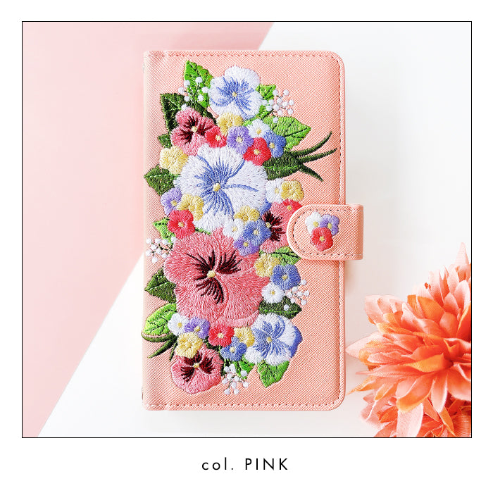 XPERIA 5 V SO-53D SOG12 ケース XQ-DE44 カバー ハンドあり パンジー 刺繍 手帳型ケース so53d xqde44 エクスペリア スマホケース