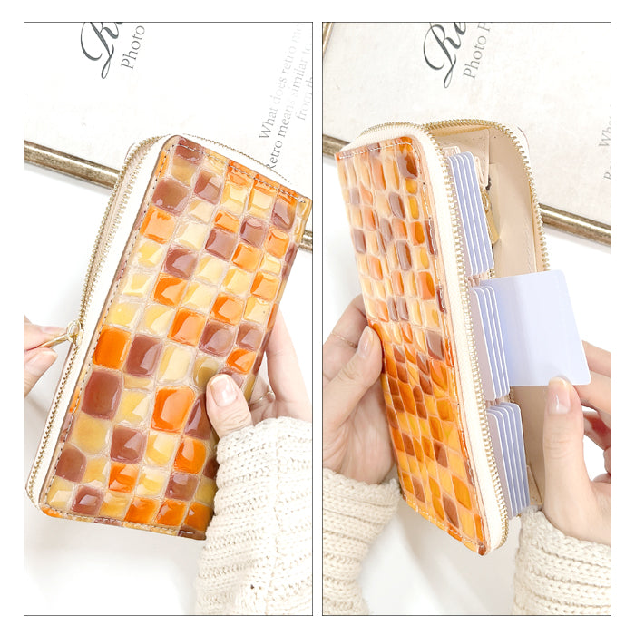 【Leo&Aoi公式ショップ】 ちょっと上品なステンドグラス 蛇腹 カードポケット付き 長財布 本革 ラウンド型ファスナー 財布 レディース 大容量 【安心の返品保証付き】