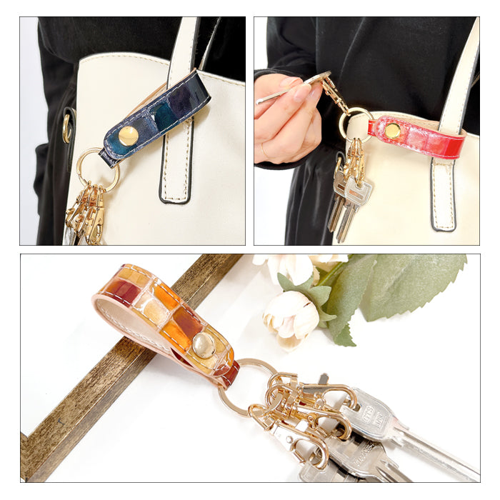 【Leo&Aoi公式ショップ】 ちょっと上品な ステンドグラス 3連 キーリング 本革 スナップボタン 本革キーリング 【安心の返品保証付き】