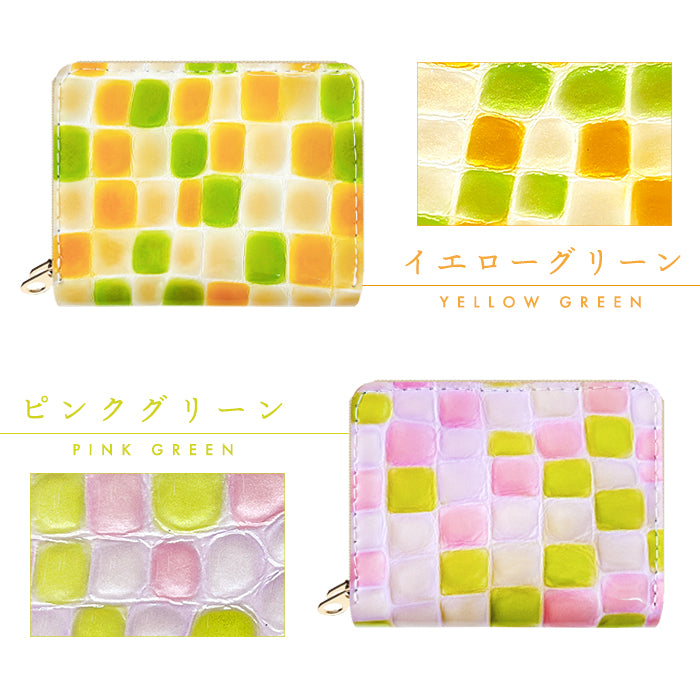【Leo&Aoi公式ショップ】 型押し ちょっと上品なステンドグラス 蛇腹 ダブルファスナー 財布 本革 レディース カード収納 ミニ財布 小さい財布 使いやすい 牛革 革財布 ラウンド型財布 エナメル 【安心の返品保証付き】