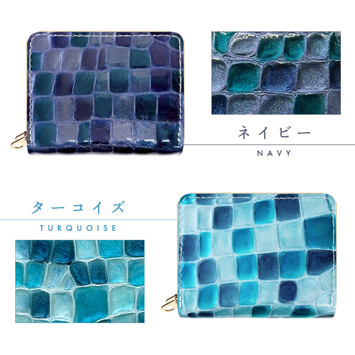 【Leo&Aoi公式ショップ】 型押し ちょっと上品なステンドグラス 蛇腹 ダブルファスナー 財布 本革 レディース カード収納 ミニ財布 小さい財布 使いやすい 牛革 革財布 ラウンド型財布 エナメル 【安心の返品保証付き】