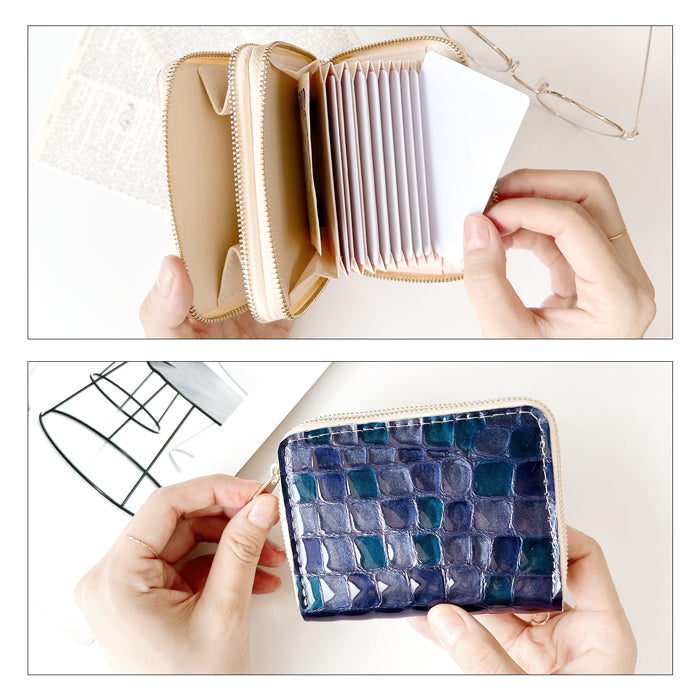 【Leo&Aoi公式ショップ】 型押し ちょっと上品なステンドグラス 蛇腹 ダブルファスナー 財布 本革 レディース カード収納 ミニ財布 小さい財布 使いやすい 牛革 革財布 ラウンド型財布 エナメル 【安心の返品保証付き】