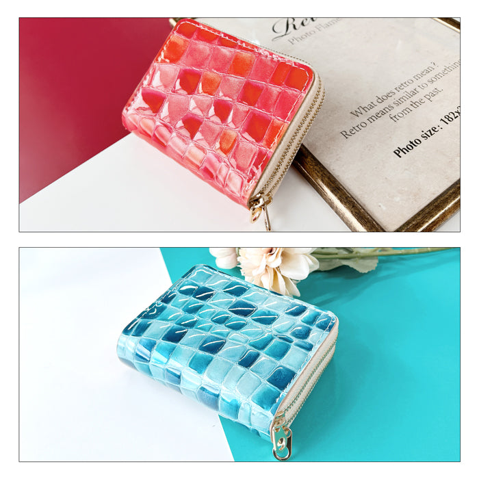 【Leo&Aoi公式ショップ】 型押し ちょっと上品なステンドグラス 蛇腹 ダブルファスナー 財布 本革 レディース カード収納 ミニ財布 小さい財布 使いやすい 牛革 革財布 ラウンド型財布 エナメル 【安心の返品保証付き】
