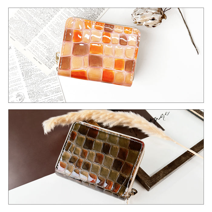 【Leo&Aoi公式ショップ】 型押し ちょっと上品なステンドグラス 蛇腹 ダブルファスナー 財布 本革 レディース カード収納 ミニ財布 小さい財布 使いやすい 牛革 革財布 ラウンド型財布 エナメル 【安心の返品保証付き】