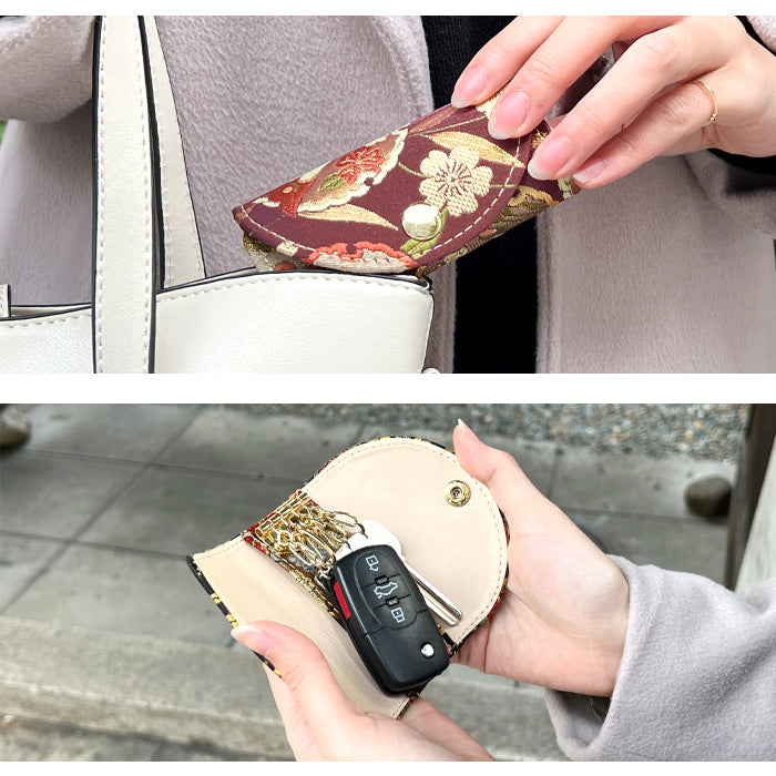 【Leo&Aoi公式ショップ】 西陣織 極 キーケース 4連 レディース スマートキー 三つ折り 鍵入れ 鍵 カギ 収納 スリム コンパクト キーホルダー 4連キーケース 金襴 高級 華やか 着物 和柄 和風 日本製 雲取文 花丸文 流水のし文 【安心の返品保証付き】