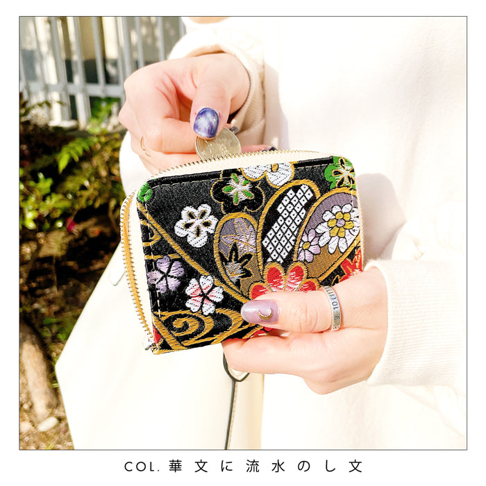 【Leo&Aoi公式ショップ】 西陣織 極 ミニ財布 財布 金襴 ミニウォレット コンパクト ラウンドファスナー サイフ さいふ ウォレット 小さい財布 カード収納 ラウンド財布 ミニサイフ 和風 和柄 和 豪華 織物 鳳凰 桜 櫻 宝尽くし 華文 花文 流水 ハンドメイド