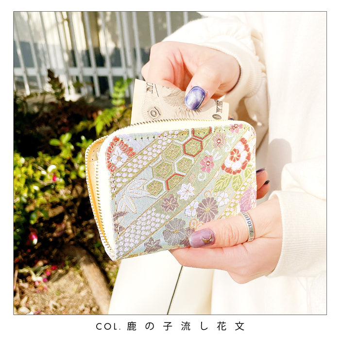 【Leo&Aoi公式ショップ】 西陣織 極 ミニ財布 財布 金襴 ミニウォレット コンパクト ラウンドファスナー サイフ さいふ ウォレット 小さい財布 カード収納 ラウンド財布 ミニサイフ 和風 和柄 和 豪華 織物 鳳凰 桜 櫻 宝尽くし 華文 花文 流水 ハンドメイド