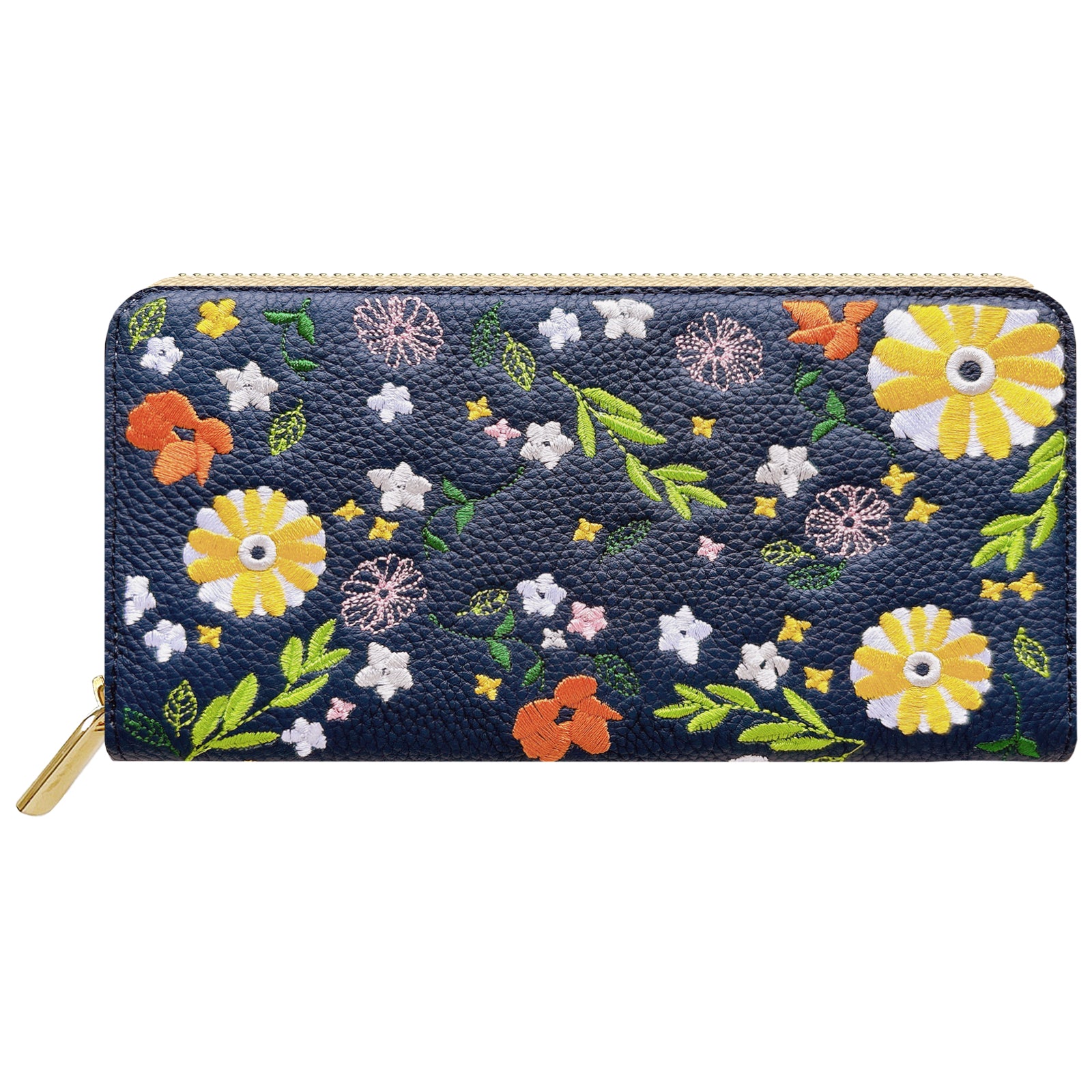【Leo&Aoi公式ショップ】 本革 マーガレット刺繡 長財布 財布 ラウンド型ファスナー レディース 型押し カード収納 花 [WL-R1-S3]【安心の返品保証付き】
