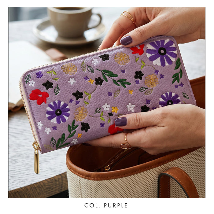 【Leo&Aoi公式ショップ】 本革 マーガレット刺繡 長財布 財布 ラウンド型ファスナー レディース 型押し カード収納 花 [WL-R1-S3]【安心の返品保証付き】