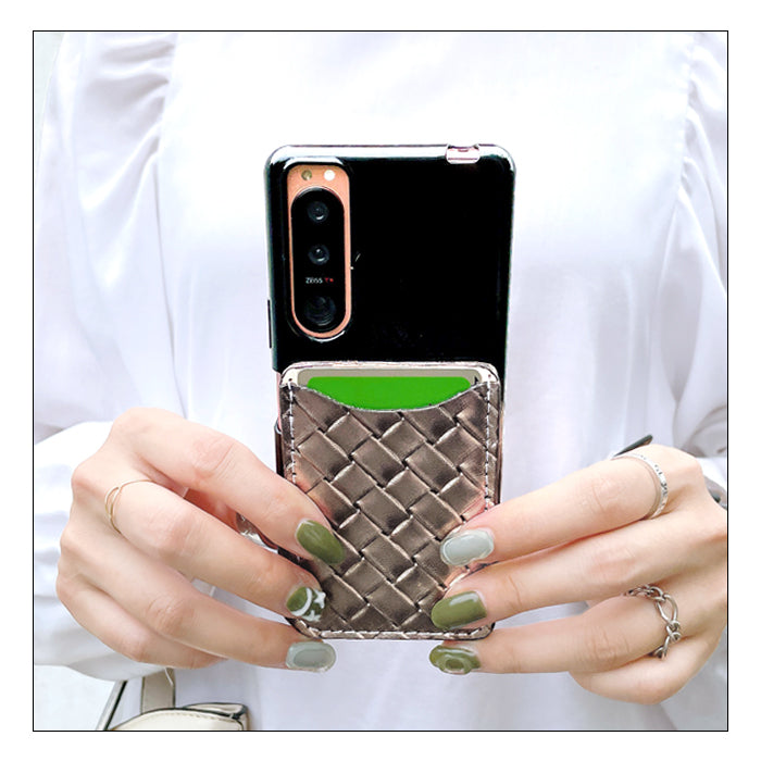 【Leo&Aoi公式ショップ】 メタリック 編み込み風 スマホ カード収納 カードケース 本革 型押し 貼り付け 背面 薄型 カードポケット 背面収納 レザー ポケット カード入れ スリム ICカード 定期入れ シール CARD POCKET レディース メンズ 女性 男性 ゴールド シルバー ブロンズ 【安心の返品保証付き】