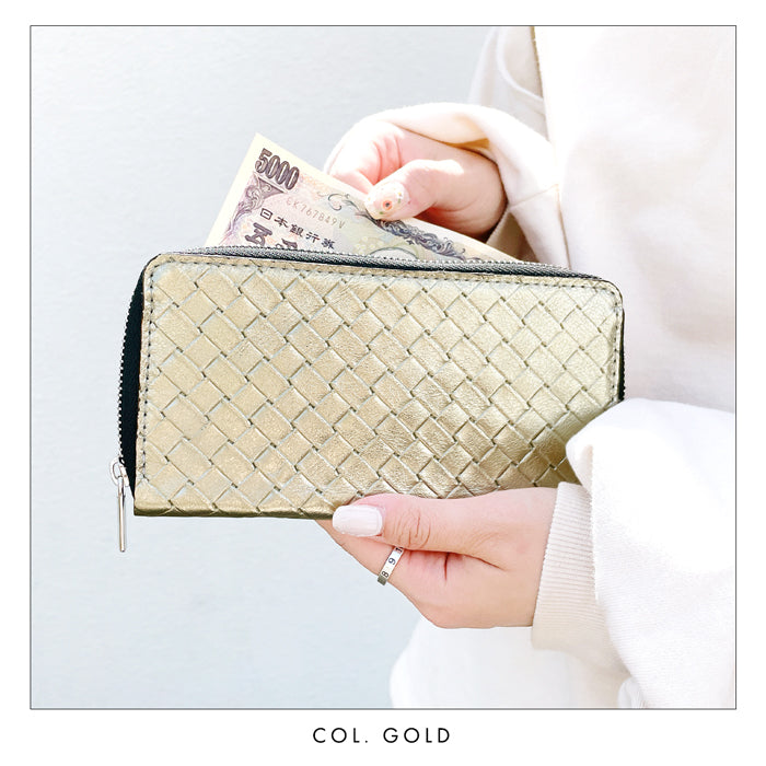 【Leo&Aoi公式ショップ】 メタリック 編み込み風 財布 長財布 レディース メンズ 本革 ラウンドファスナー サイフ さいふ ウォレット 革 牛革 レザー カード収納 革財布 ラウンド長財布 ラウンド財布 長サイフ 本革長財布 メタリックカラー ハンドメイド