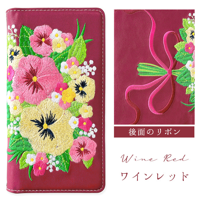 Leo&Aoi公式ショップ】 パンジー 刺繍 スマホケース 手帳型ケース 100