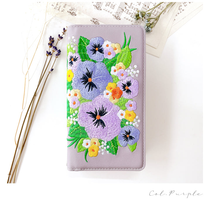 Leo&Aoi公式ショップ】 パンジー 刺繍 スマホケース 手帳型ケース 100
