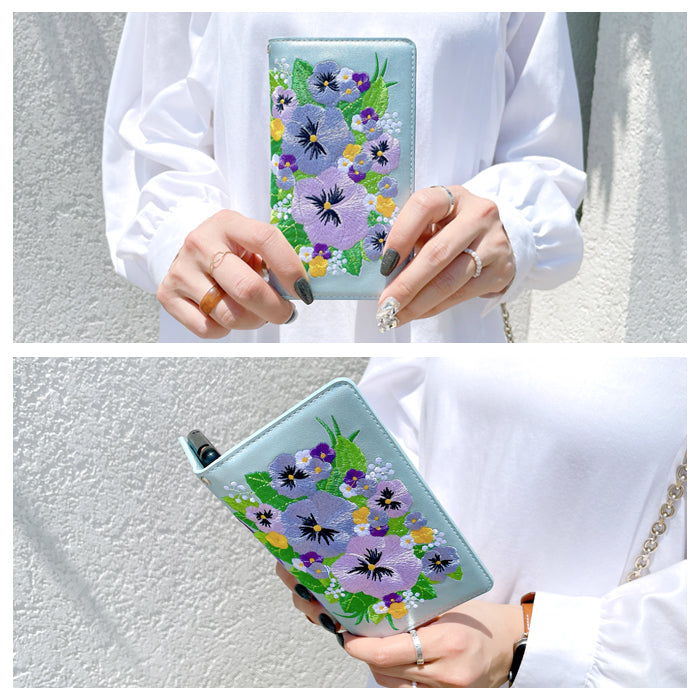 【Leo&Aoi公式ショップ】 arrows We2 F-52E FCG02 M07 A402FC ケース パンジー 刺繍 手帳型ケース f52e アローズ ウィー スマホケース 【安心の返品保証付き】