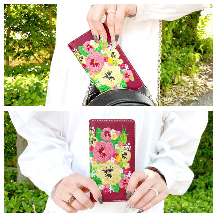 【Leo&Aoi公式ショップ】 iphone se3 / iphone se2 / iphone8 / iphone7 ケース カバー パンジー 刺繍 手帳型ケース アイフォンスマホケース 【安心の返品保証付き】