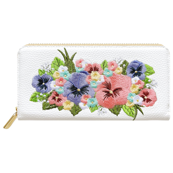 【Leo&Aoi公式ショップ】 本革 パンジー刺繡 長財布 財布 ラウンド型 レディース 型押し カード収納 花 [WL-R1-S5]【安心の返品保証付き】