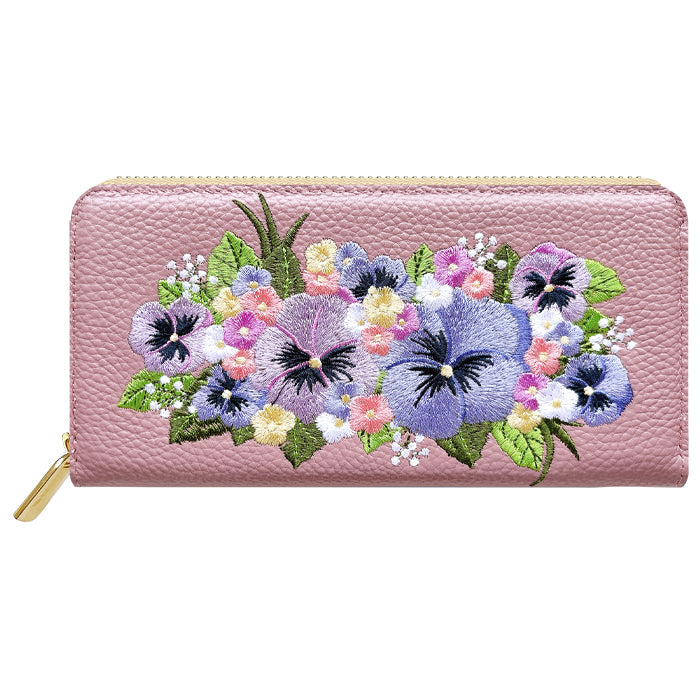 【Leo&Aoi公式ショップ】 本革 パンジー刺繡 長財布 財布 ラウンド型 レディース 型押し カード収納 花 [WL-R1-S5]【安心の返品保証付き】