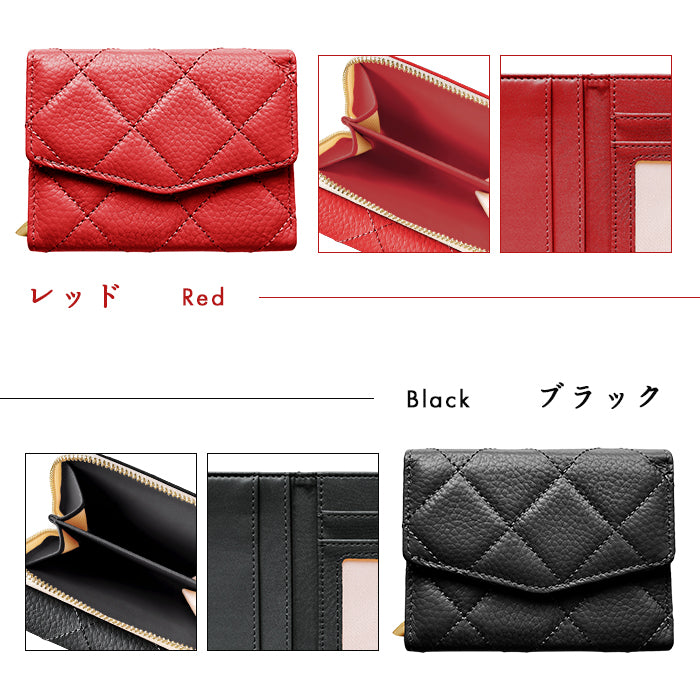 【Leo&Aoi公式ショップ】 本革 キルティング 三つ折り財布 レディース カード収納 小銭入れ コインケース付き サイフ ウォレット 革 レザー 【WM-T1-04】【安心の返品保証付き】