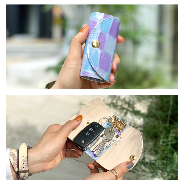 【Leo&Aoi公式ショップ】 ステンドグラス キーケース 4連 本革 レディース スマートキー 三つ折り 牛革 レザー 鍵入れ 鍵 カギ 収納 スリム コンパクト キーホルダー 4連キーケース エナメル加工 日本製 【安心の返品保証付き】