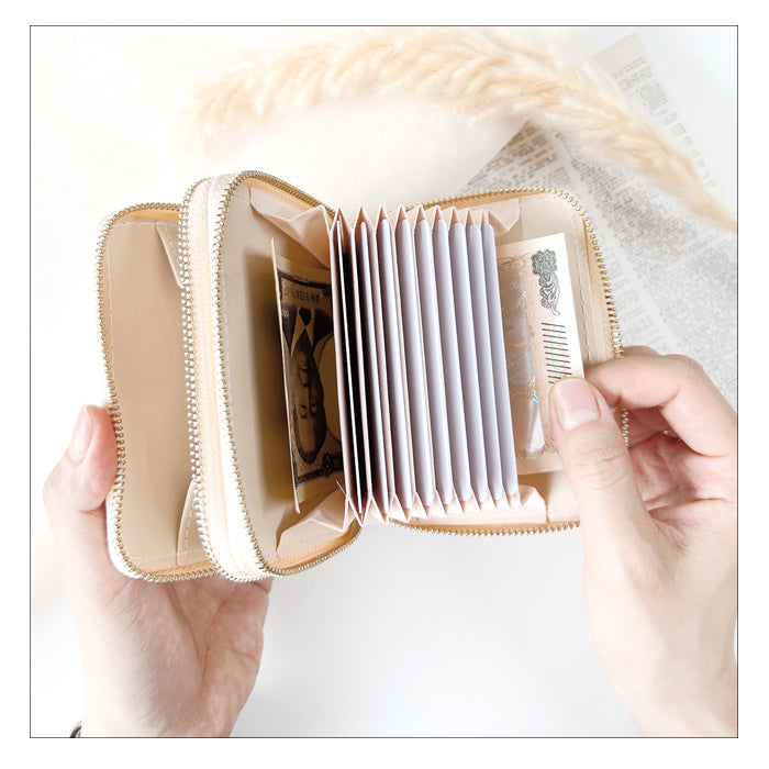 【Leo&Aoi公式ショップ】 ステンドグラス 蛇腹 ダブルファスナー 財布 本革 カード収納 ミニ財布 小さい財布 使いやすい 牛革 革財布 ラウンド型財布 エナメル レディース 【安心の返品保証付き】