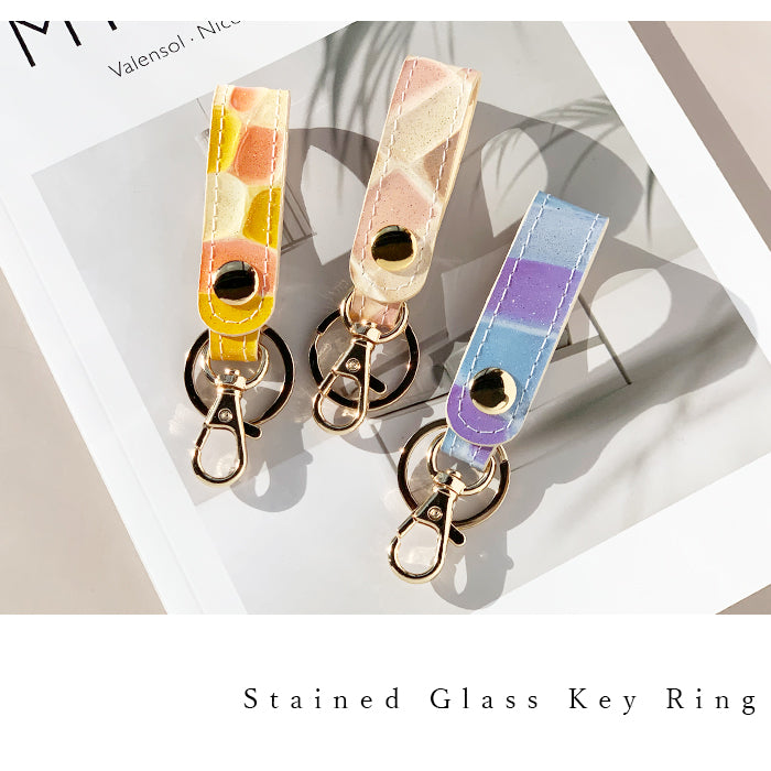 【Leo&Aoi公式ショップ】 本革 キーリング キーホルダー スナップボタン ステンドグラス エナメル 型押し
