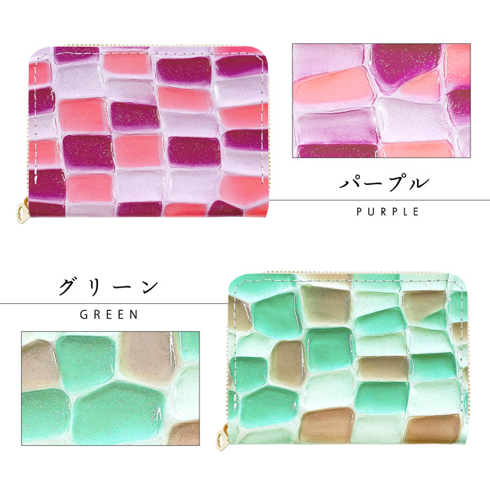 【Leo&Aoi公式ショップ】 ステンドグラス ミニウォレット 財布 ミニ財布 本革 コンパクト ラウンドファスナー 牛革 サイフ さいふ ウォレット 小さい財布 革 エナメル加工 レザー カード収納 革財布 ラウンド財布 ミニサイフ 本革ミニ財布 レディース  ハンドメイド