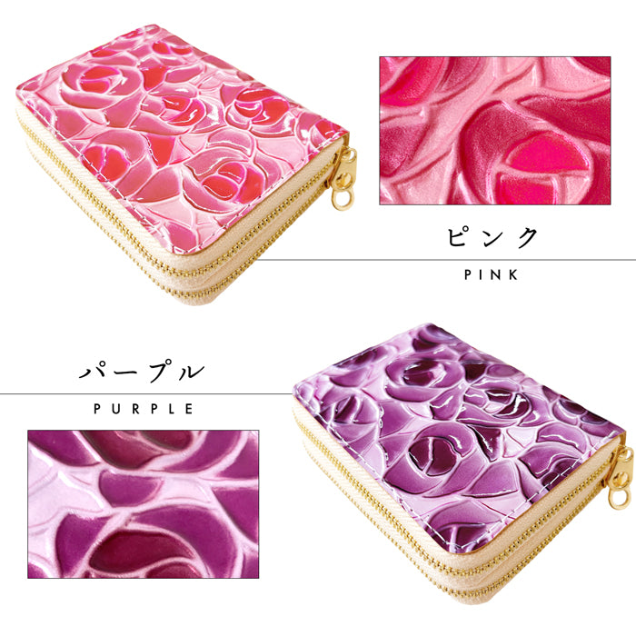 【Leo&Aoi公式ショップ】 エナメル 型押し ステンドグラスローズ 蛇腹 ダブルファスナー 財布 本革 レディース カード収納 ミニ財布 小さい財布 使いやすい 牛革 革財布 ラウンド型財布 薔薇 【安心の返品保証付き】