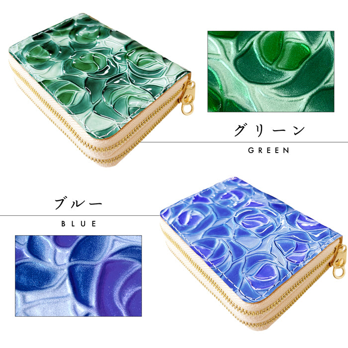 【Leo&Aoi公式ショップ】 エナメル 型押し ステンドグラスローズ 蛇腹 ダブルファスナー 財布 本革 レディース カード収納 ミニ財布 小さい財布 使いやすい 牛革 革財布 ラウンド型財布 薔薇 【安心の返品保証付き】
