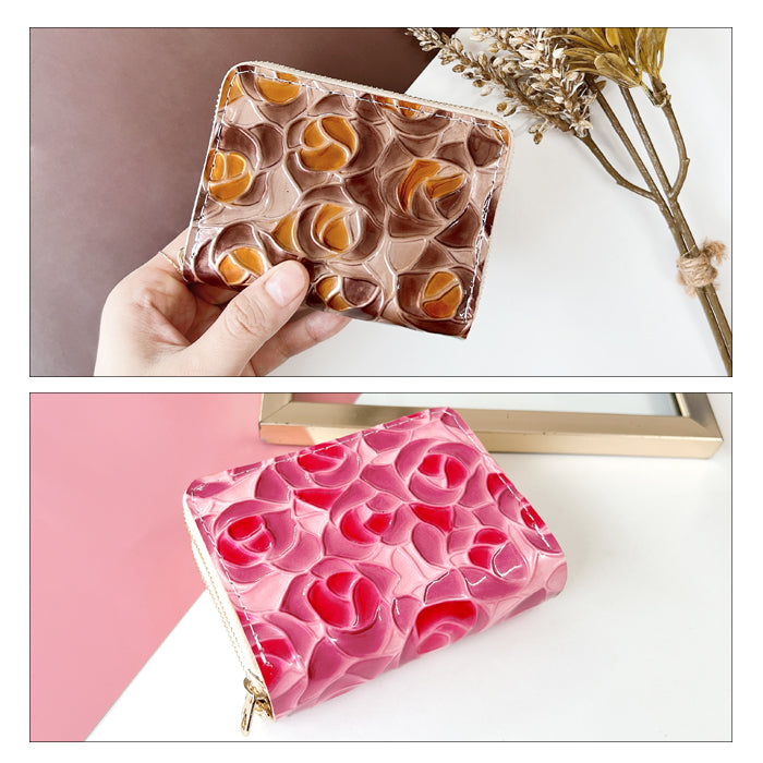 【Leo&Aoi公式ショップ】 エナメル 型押し ステンドグラスローズ 蛇腹 ダブルファスナー 財布 本革 レディース カード収納 ミニ財布 小さい財布 使いやすい 牛革 革財布 ラウンド型財布 薔薇 【安心の返品保証付き】