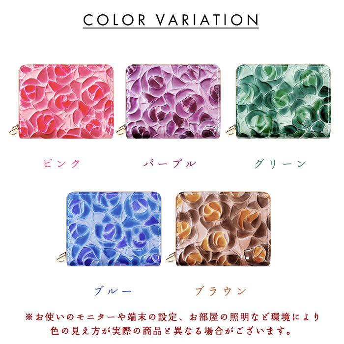 【Leo&Aoi公式ショップ】 エナメル 型押し ステンドグラスローズ 蛇腹 ダブルファスナー 財布 本革 レディース カード収納 ミニ財布 小さい財布 使いやすい 牛革 革財布 ラウンド型財布 薔薇 【安心の返品保証付き】