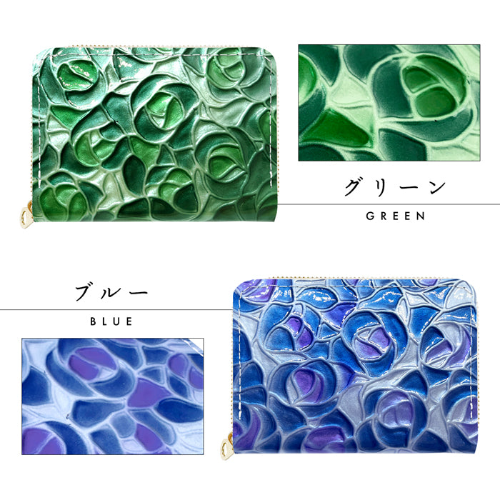 【Leo&Aoi公式ショップ】 ステンドグラス ローズ ミニウォレット 本革 小さい財布 ミニ財布 財布 ラウンドファスナー 牛革 サイフ さいふ コンパクト ウォレット 革 エナメル加工 薔薇 バラ レザー カード収納 革財布 ラウンド財布 ミニサイフ 本革ミニ財布 レディース