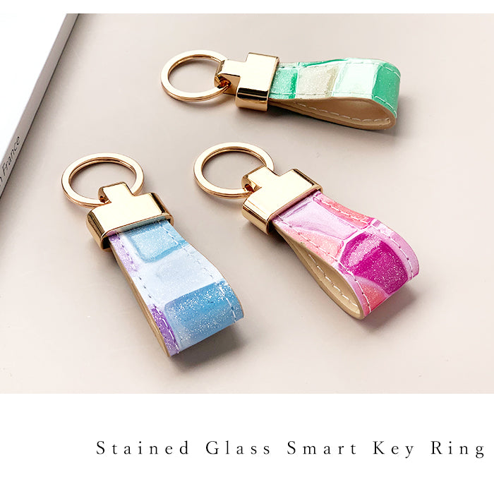 【Leo&Aoi公式ショップ】 ステンドグラス スマートキーリング 本革 キーホルダー バッグチャーム 本革キーリング 牛革 レザー 鍵 カギ レディース エナメル 型押し 【安心の返品保証付き】