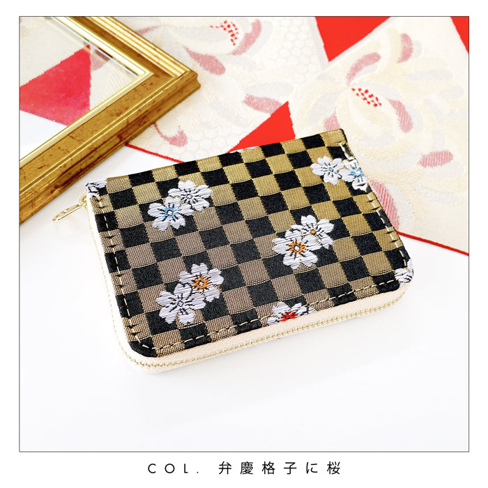 【Leo&Aoi公式ショップ】 西陣織 宵 ミニ財布 財布 金襴 ミニウォレット コンパクト ラウンドファスナー サイフ さいふ ウォレット 小さい財布 カード収納 ラウンド財布 ミニサイフ 和風 和柄 和 豪華 織物 桜 波割付 変わりのし文 ハンドメイド